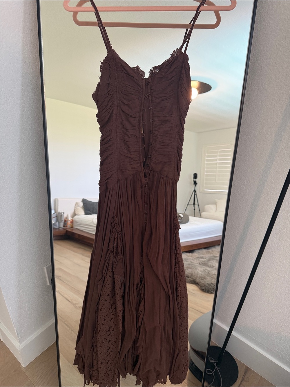 Women’s Brown Ruched Spaghetti-Strap Maxi Dress